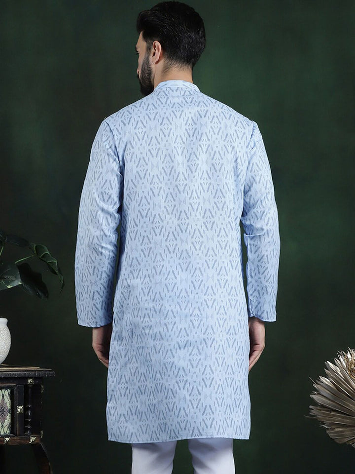 Anouk Blue Geometric Printed Mandarin Collar Long Sleeves Pure Cotton Kurta