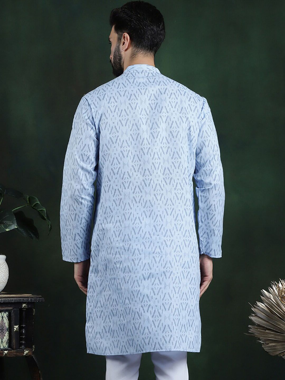 Anouk Blue Geometric Printed Mandarin Collar Long Sleeves Pure Cotton Kurta