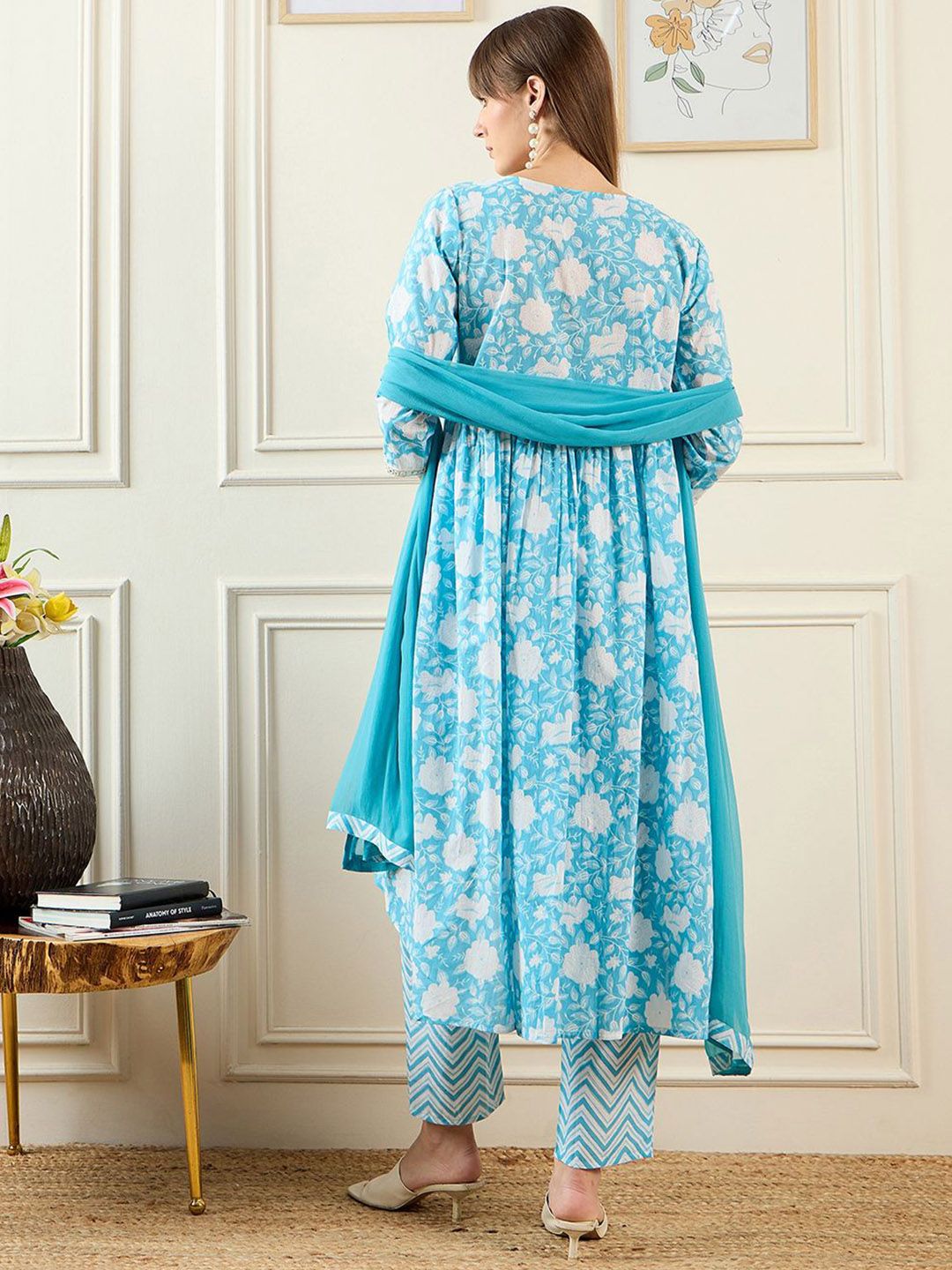 Indo Era Floral Printed A-Line Mirror Work Pure Cotton Kurta with Trousers & Dupatta