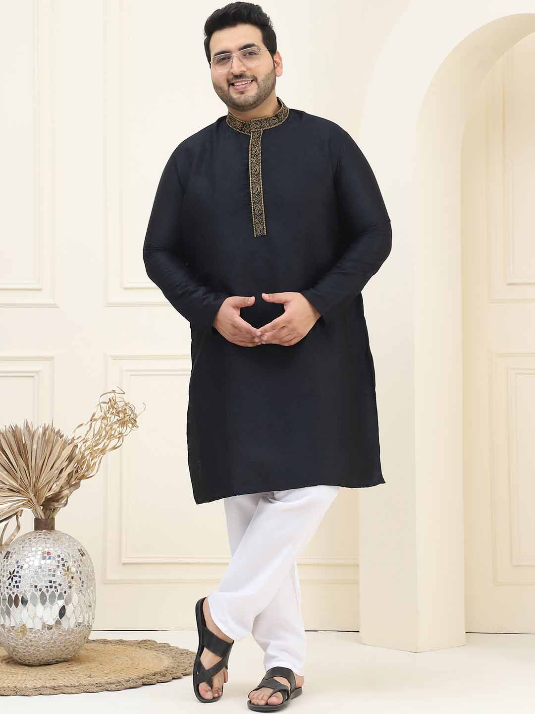 SOJANYA Plus Mandarin Collar Long Sleeves Thread Work Cotton Straight Kurta