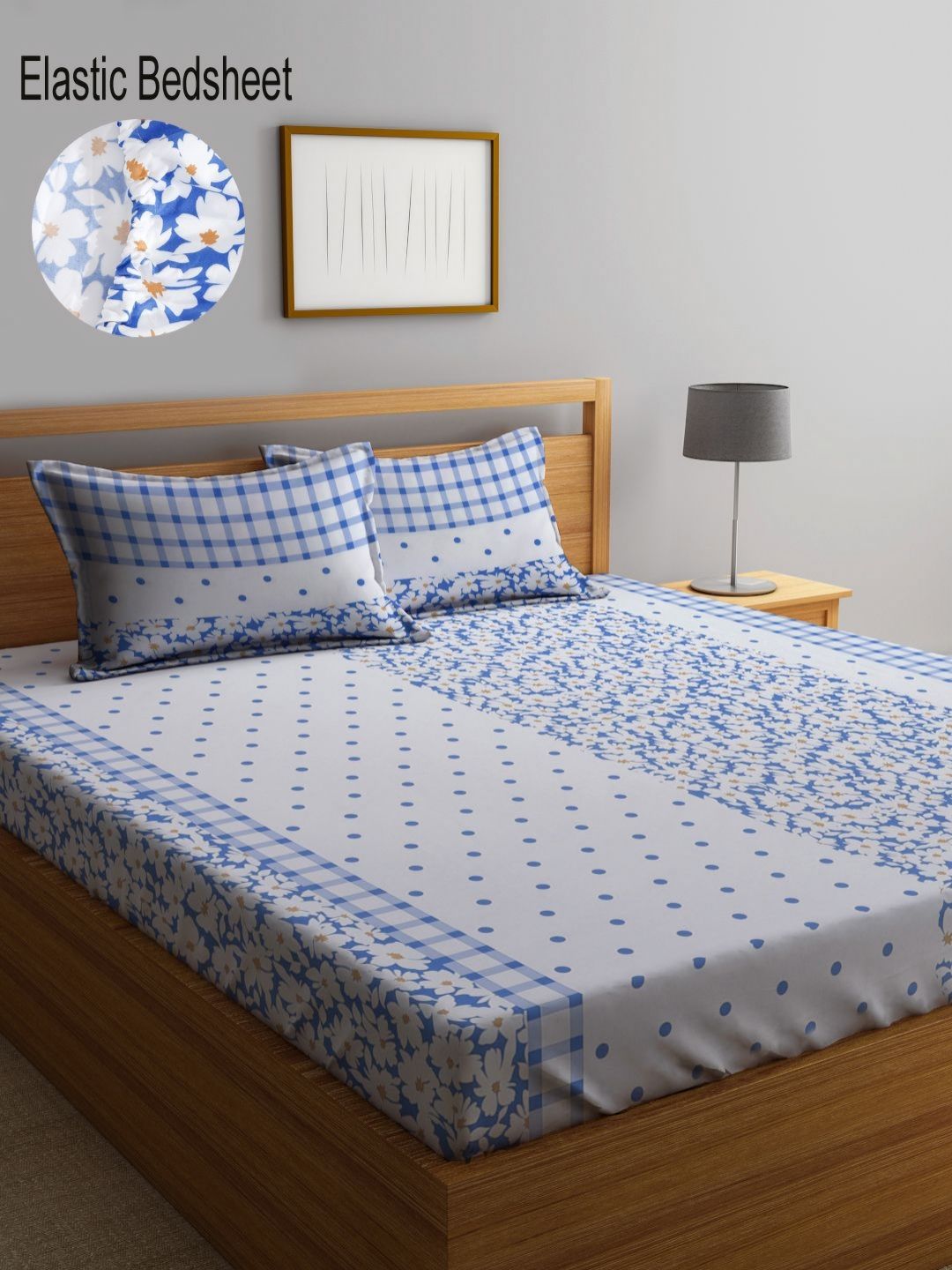 Myntra Elegant Homes Blue 300 TC Fitted King Fine Bedsheet & 2 Pillow Covers250X220 cm