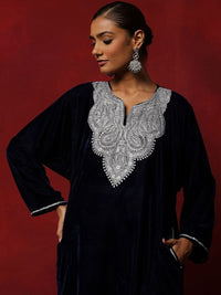 House of Chikankari Women Navy Blue Velvet Tilla Embroidered Kurta Set