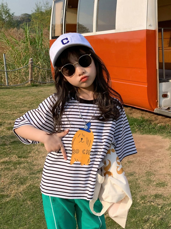 YK Girls Striped Polo Collar Pockets T-shirt