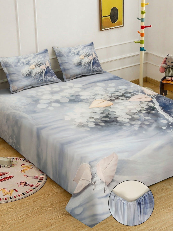 KLOTTHE Grey Floral Printed Dilengkapi 300 TC King Bedsheet Dengan 2 Sarung Bantal