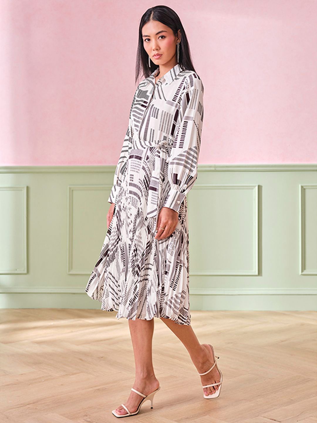 AND Abstract Printed Shirt Collar A-Line Midi Dress