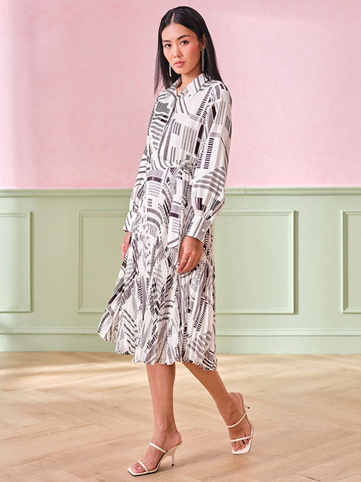 AND Abstract Printed Shirt Collar A-Line Midi Dress