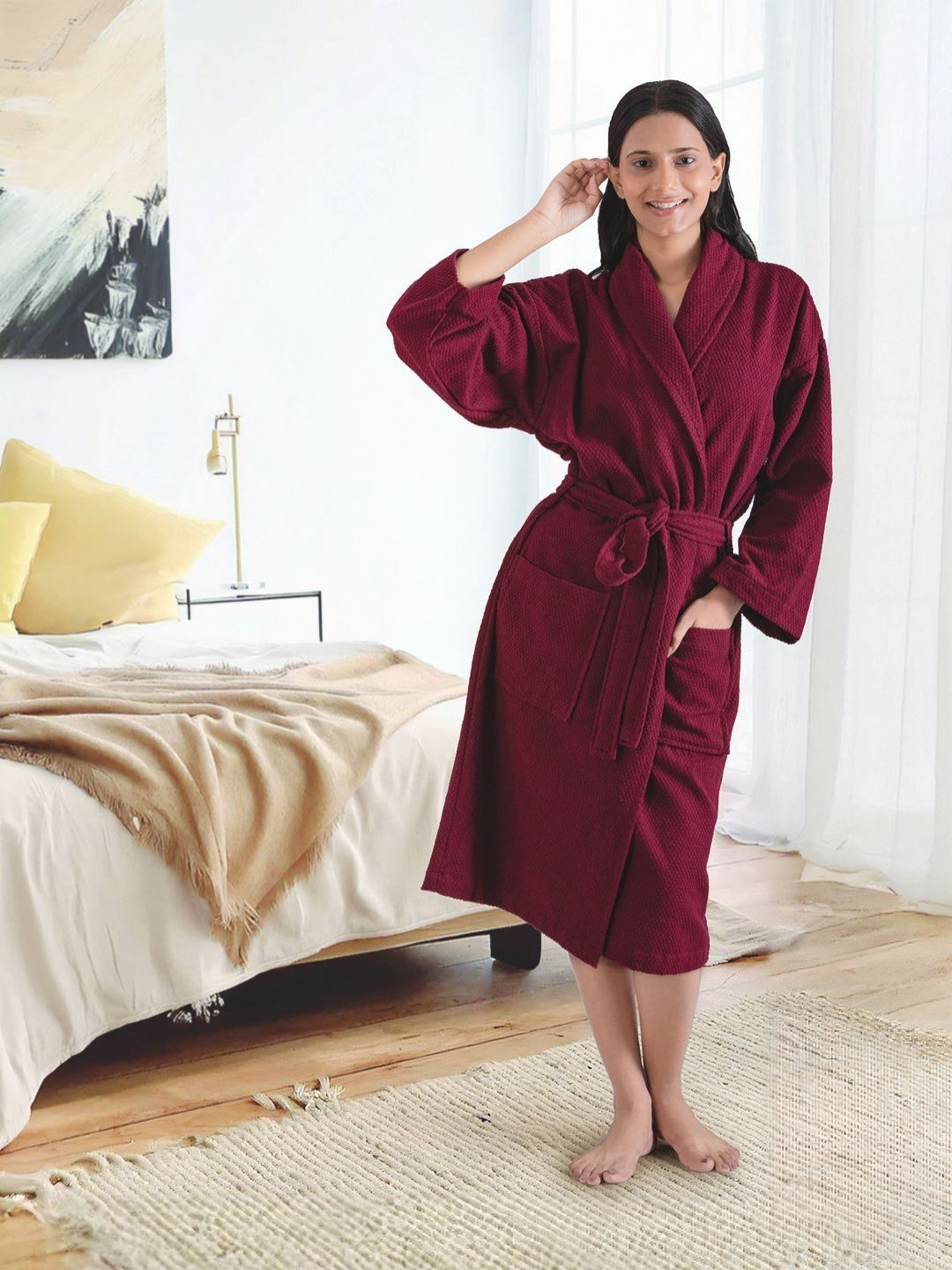 MYTRIDENT Urban Comfort Unisex Maroon 240 GSM Pure Cotton Bath Robe