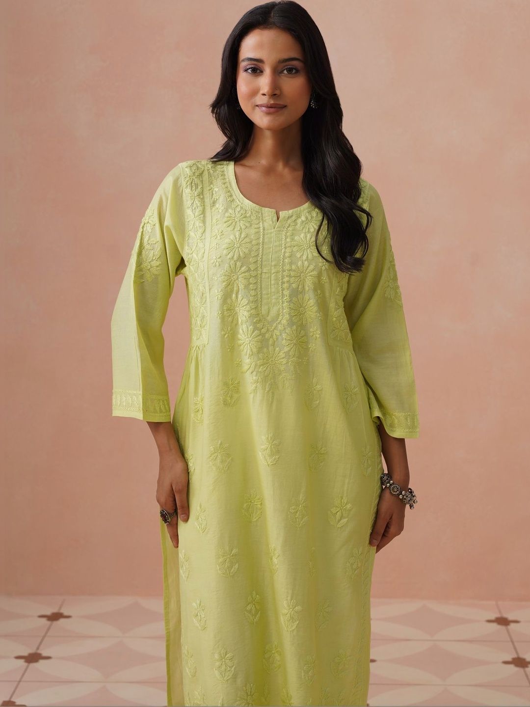 Rumah Wanita Chikankari Motif Etnik Sulam Benang Kerja Kurta