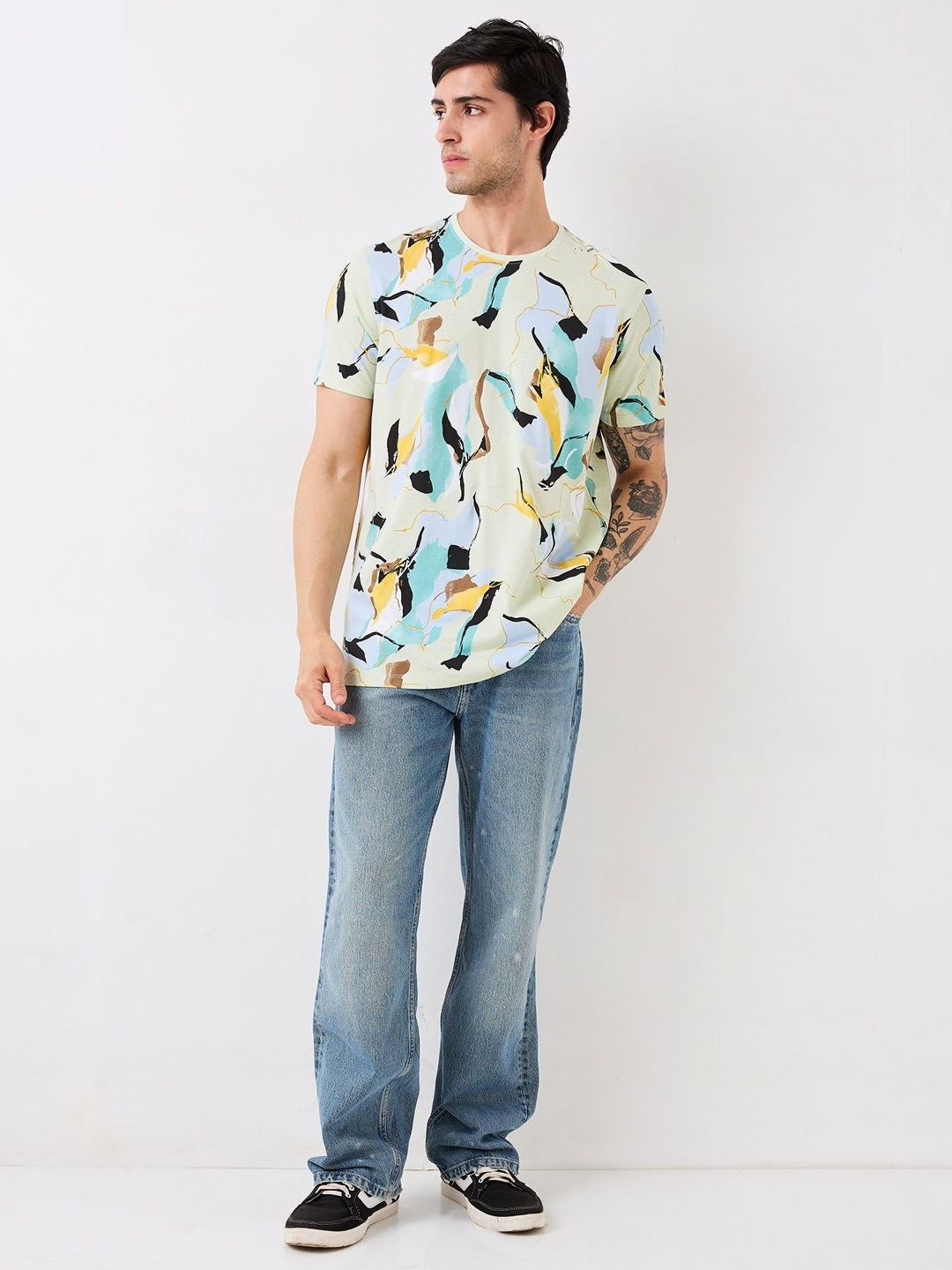 SPYKAR Men Abstract Printed Round Neck Cotton Slim Fit T-shirt