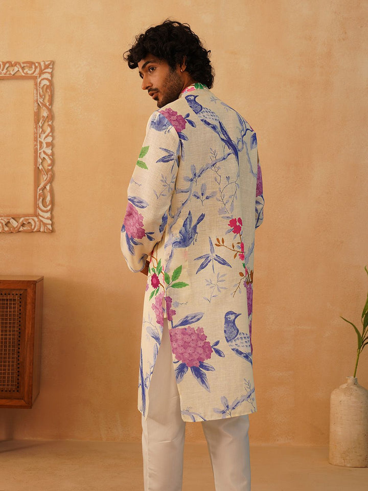 Jompers Floral Printed Pure Cotton Mandarin Collar Kurta With Trousers