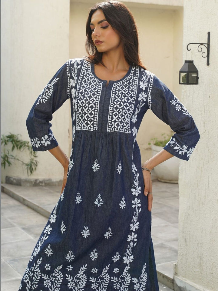 House of Chikankari Women Solid Blue Denim A-Line Kurta