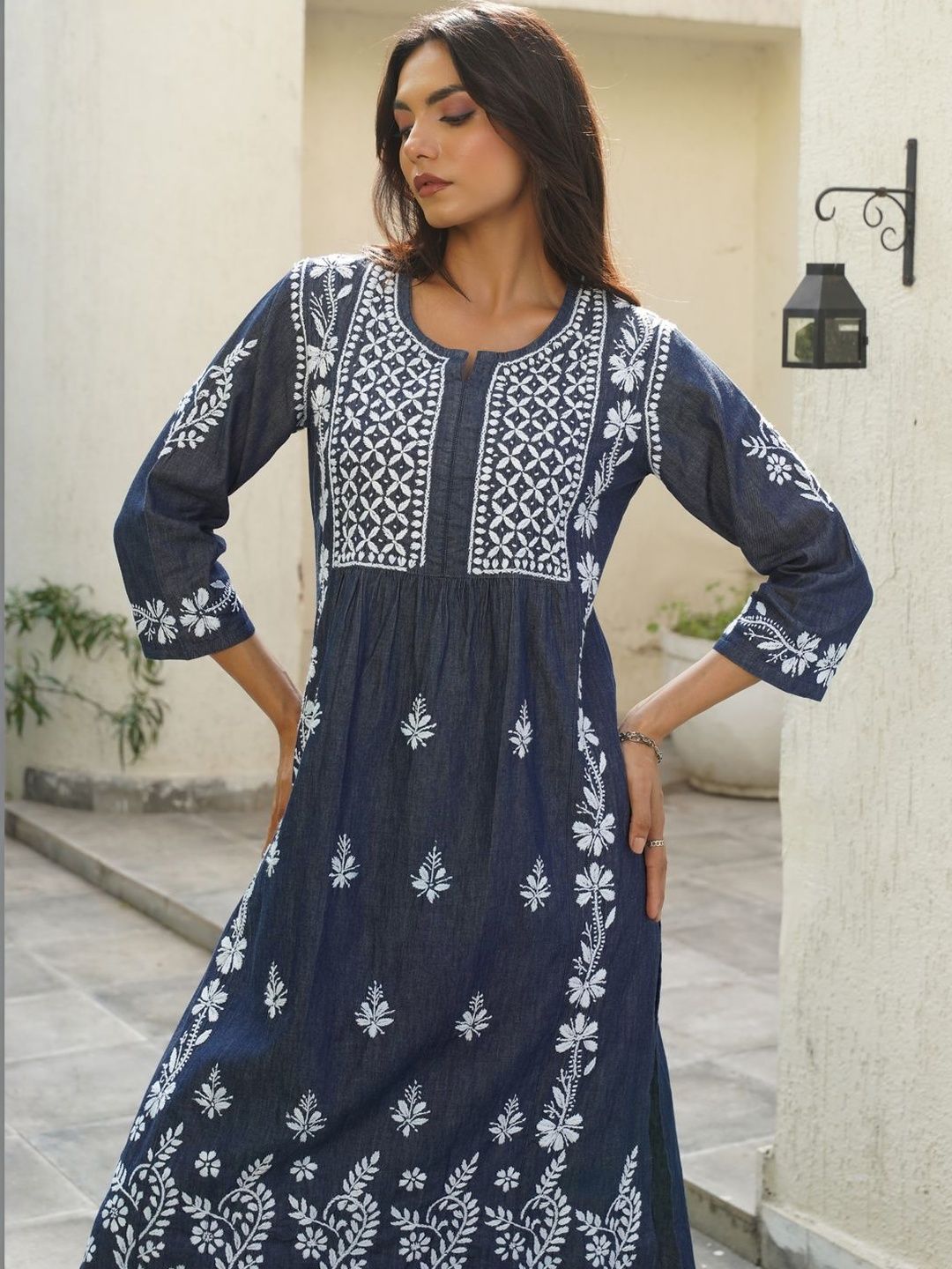 House of Chikankari Women Solid Blue Denim A-Line Kurta