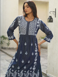House of Chikankari Women Solid Blue Denim A-Line Kurta