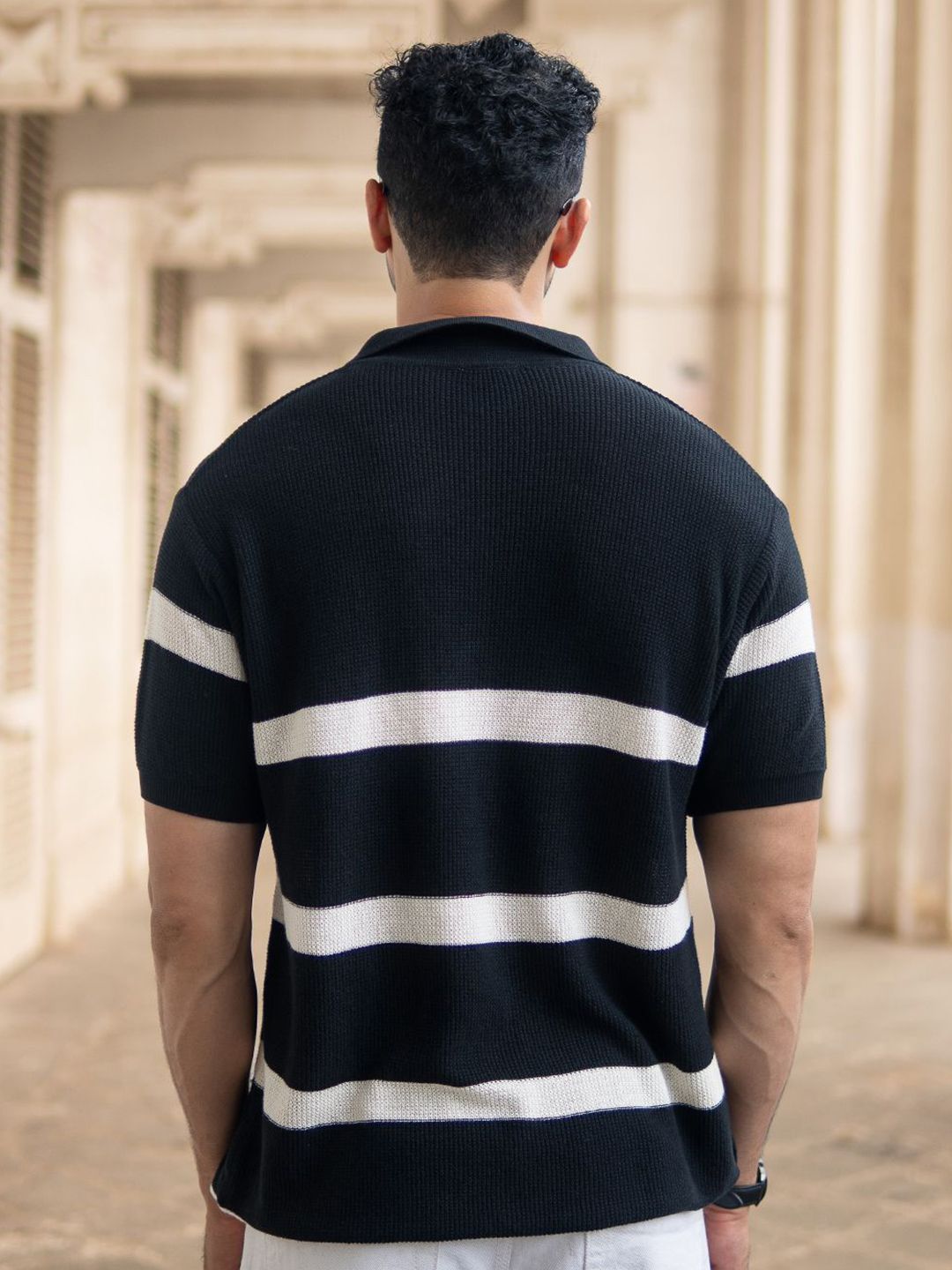Powerlook Men Black & White Striped Pure Cotton Polo Collar T-shirt