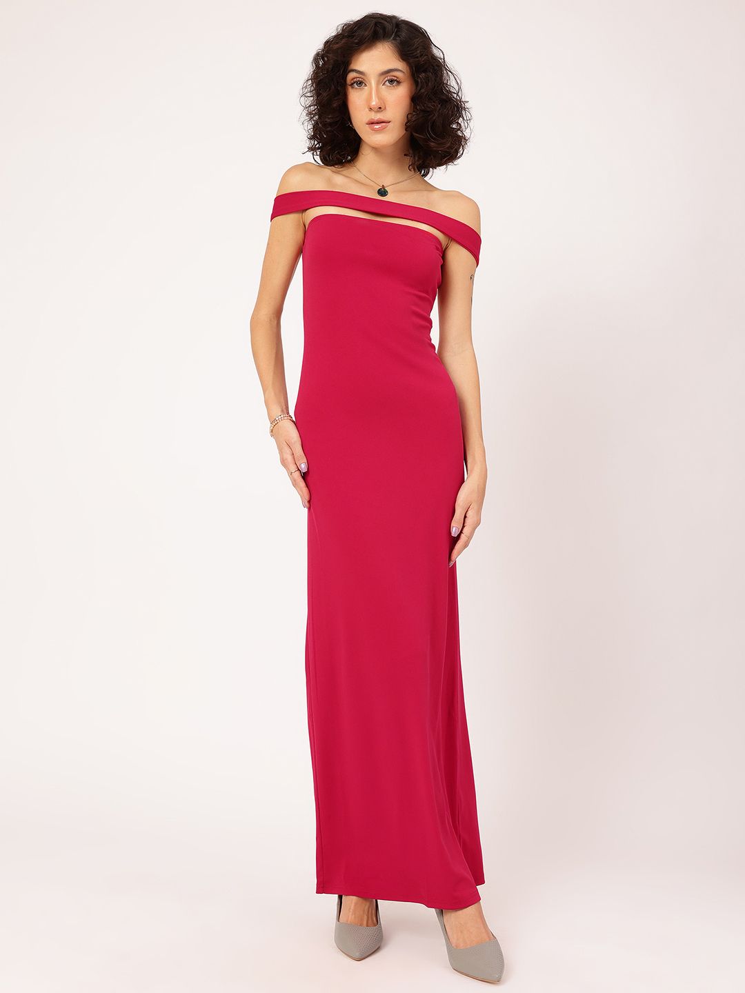 DressBerry Glamour Glint Off-Shoulder Maxi Sheath Dress with Back Slit