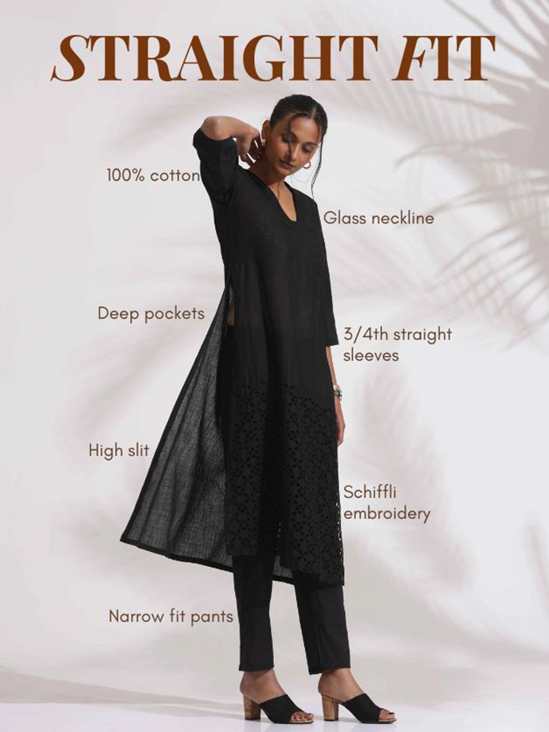 trueBrowns Schiffli V Neck Pure Cotton Straight Kurta with Trousers