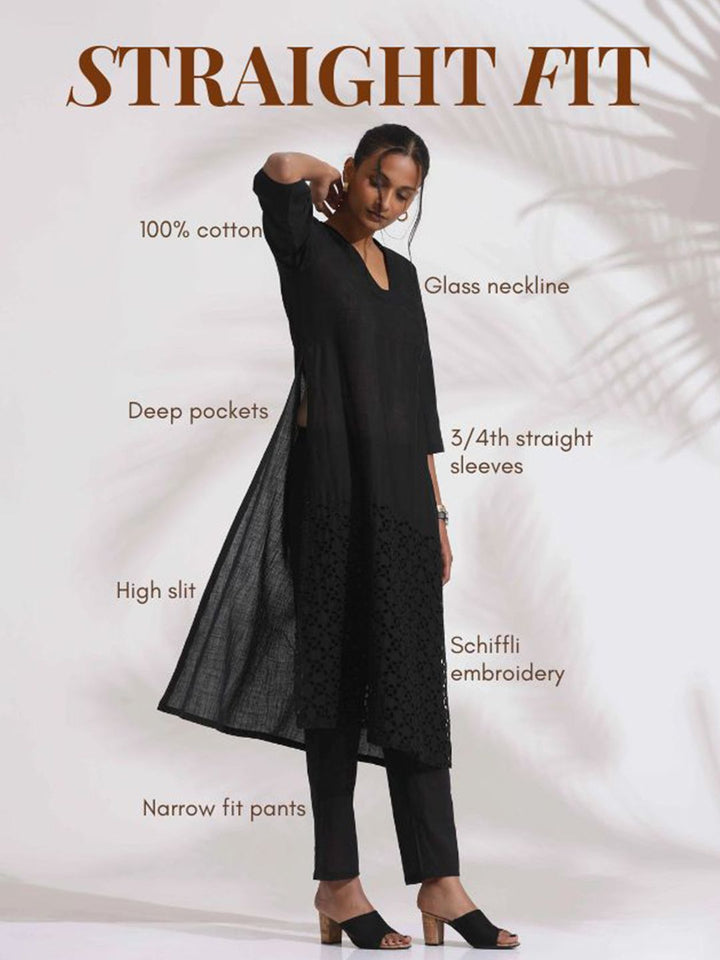 trueBrowns Schiffli V Neck Pure Cotton Straight Kurta with Trousers