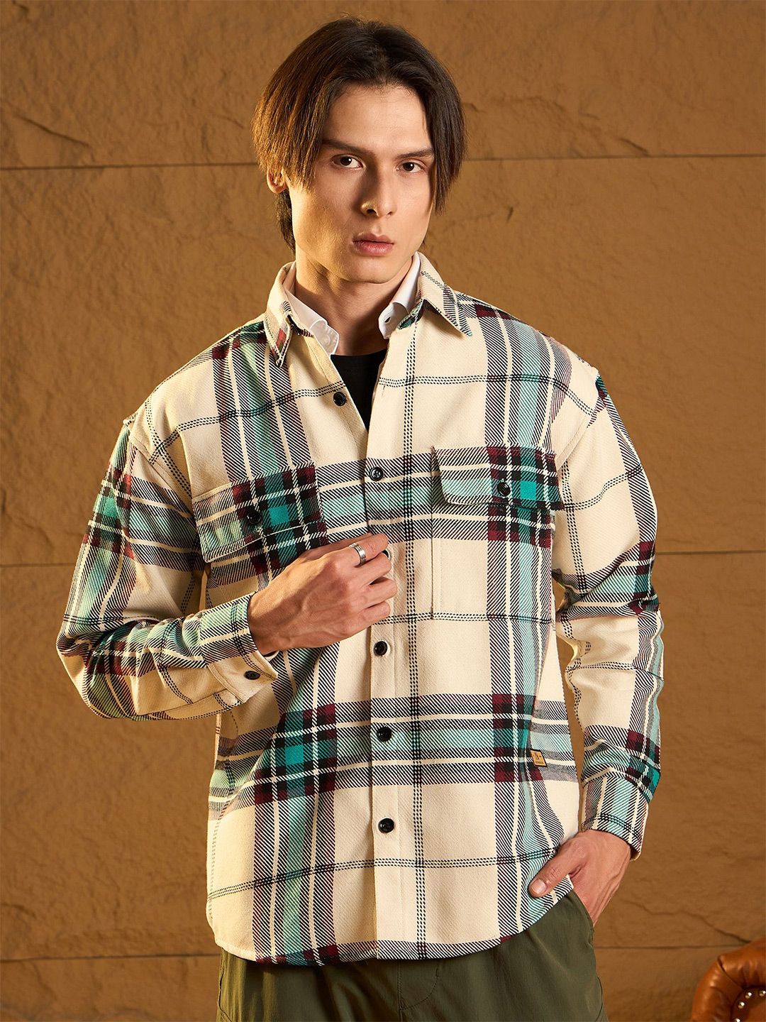 DENNISON Men Double Pocket Drop Shoulder Oversized Cotton Checked Shacket