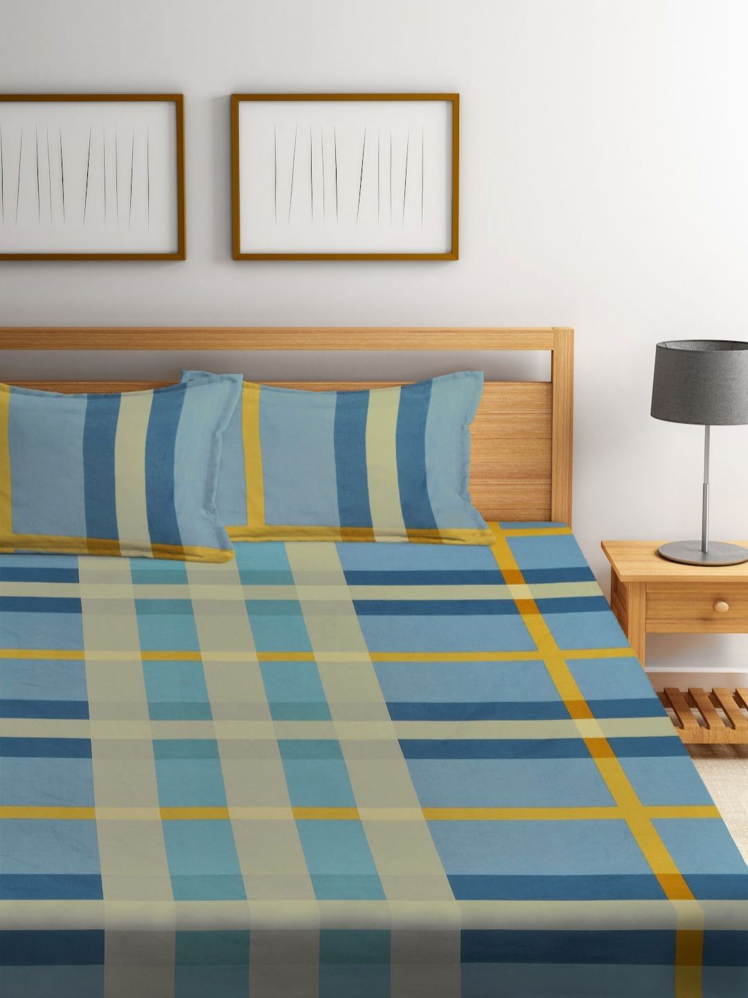Myntra Elegant Homes Biru & Beige Printed 300 TC Set Cadar King 2.45 x 2.24 m