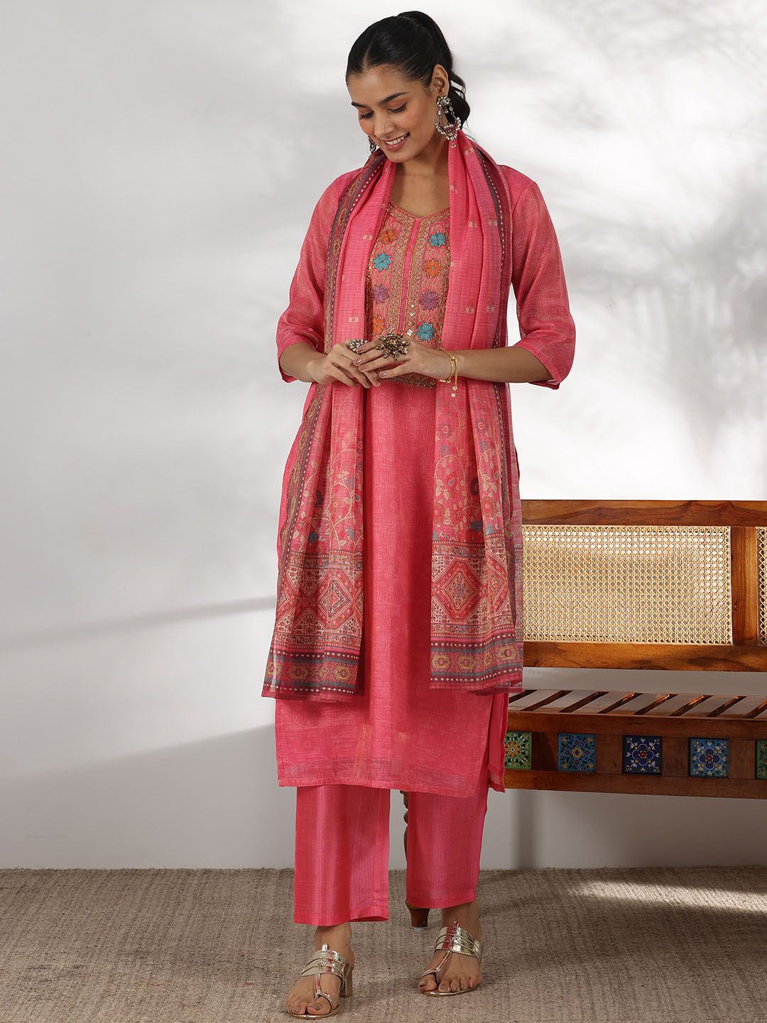 Libas Floral Yoke Design Sequinned Straight Kurta with Trousers & With Dupatta