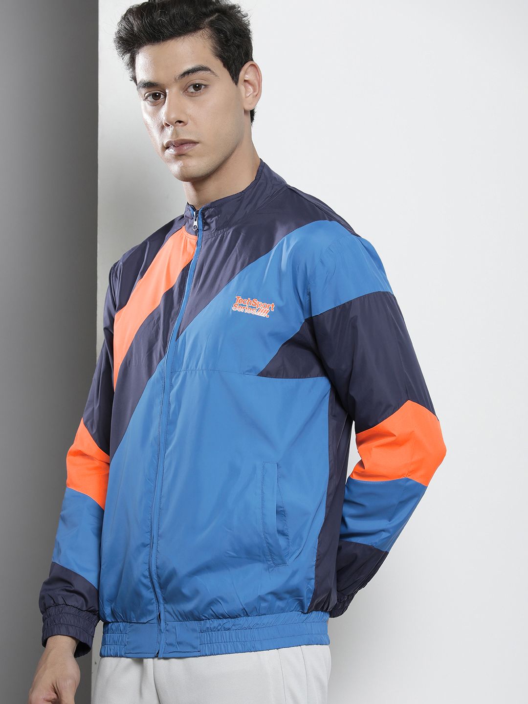 The Indian Garage Co Men Navy Blue & Orange Colourblocked Tailored Jacket