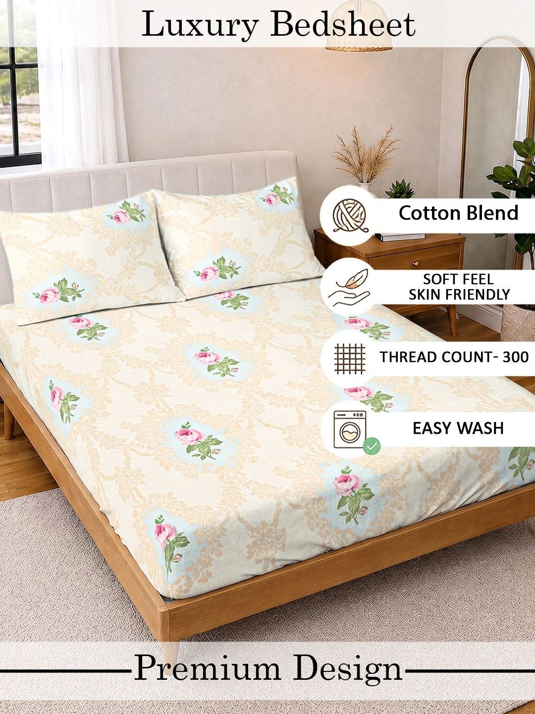Myntra Elegant Homes Cream-Coloured & Pink Floral 300 TC King Bedsheet with 2 Pillow Covers