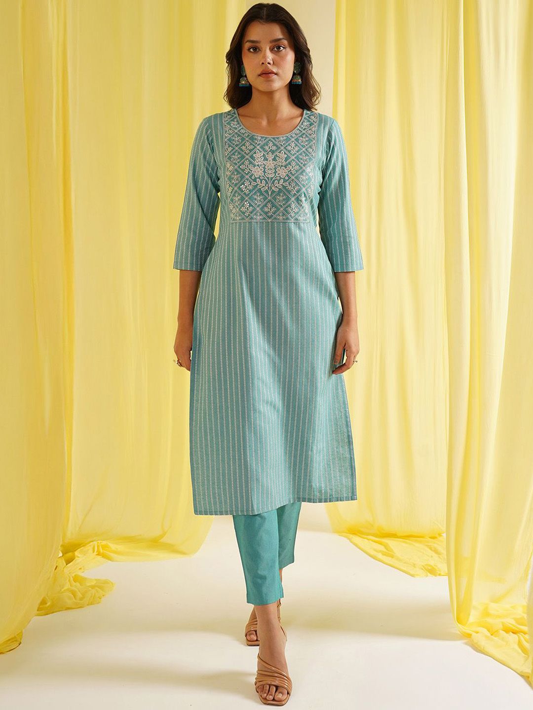 KALINI Women Striped Embroidered Kurta with Trousers