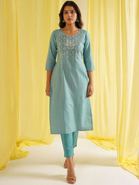 KALINI Women Striped Embroidered Kurta with Trousers