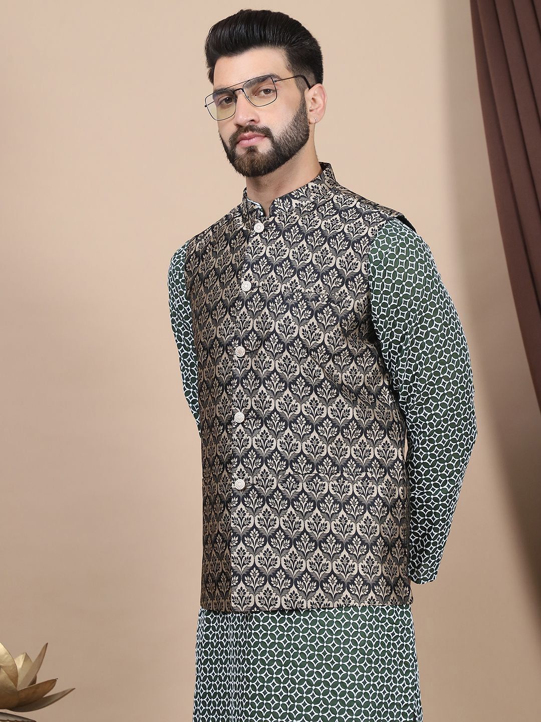 Anouk Embroidered Regular Pure Cotton Straight Kurta With Churidar & Nehru Jacket