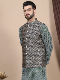 Anouk Embroidered Regular Pure Cotton Straight Kurta With Churidar & Nehru Jacket