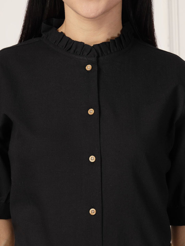 Style Quotient Smart Mandarin Collar Puff Sleeves Gathers Formal Cotton Shirt