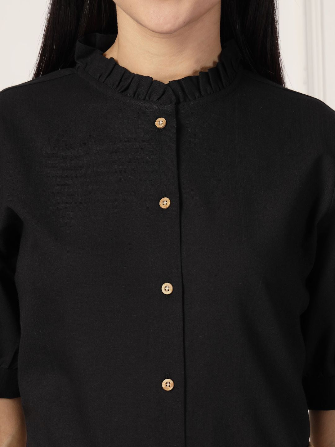 Style Quotient Smart Mandarin Collar Puff Sleeves Gathers Formal Cotton Shirt