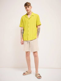 THE BEAR HOUSE Men Cuban Collar Vertical Striped Casual Shirt