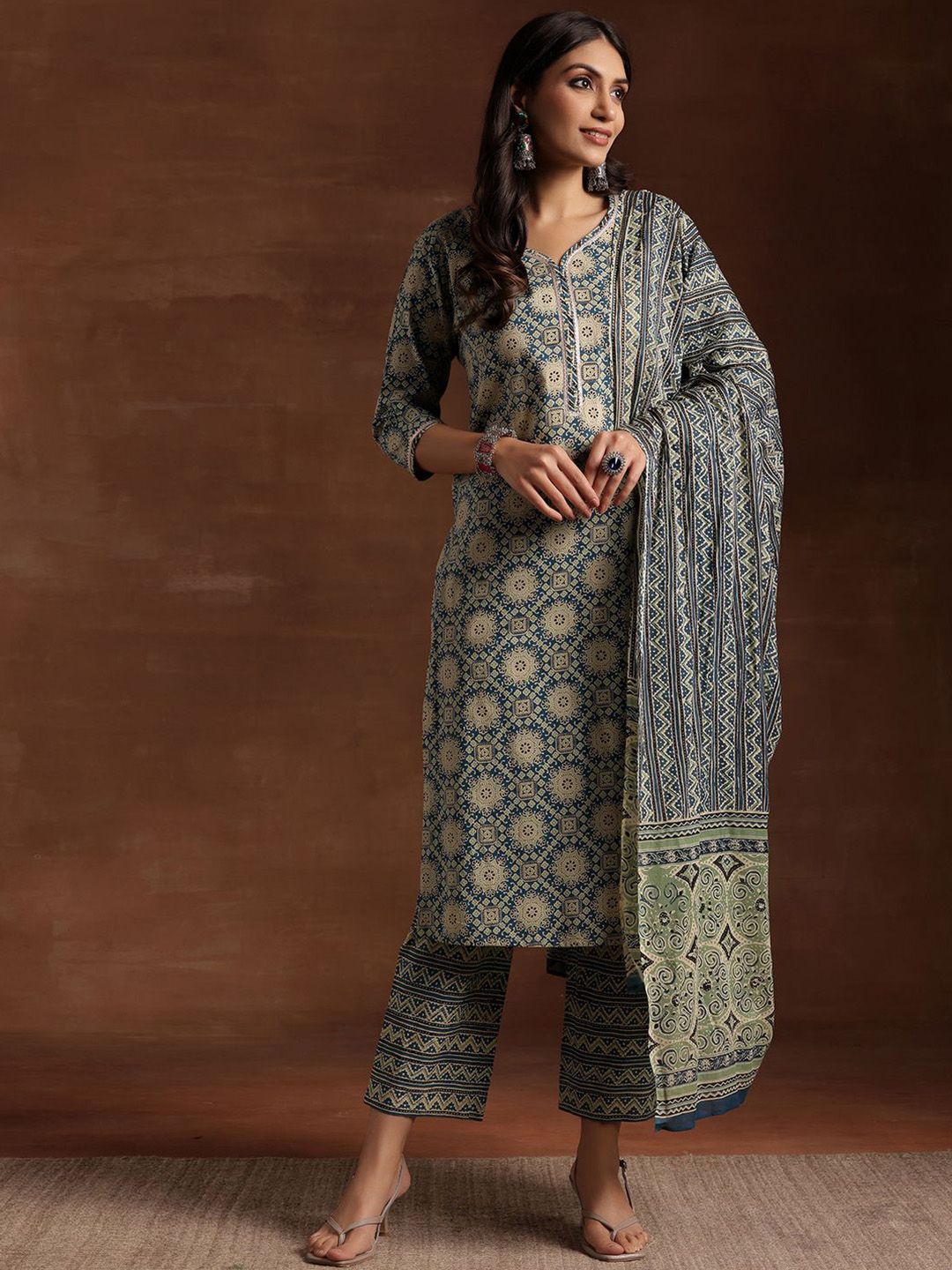 Libas Blue & Beige Ethnic Printed Sweetheart Neck Cotton Kurta with Trousers & Dupatta