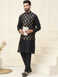 SOJANYA Mandarin Collar Silk Cotton Straight Kurta with Churidar & Nehru jacket
