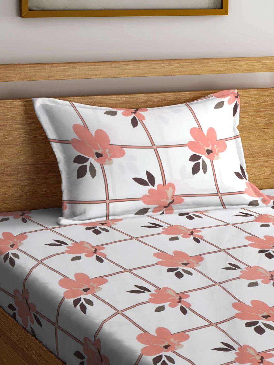 Myntra Elegant Homes White & Peach Printed 300 TC Single Bedsheet Set 2.25 m x 1.5 m