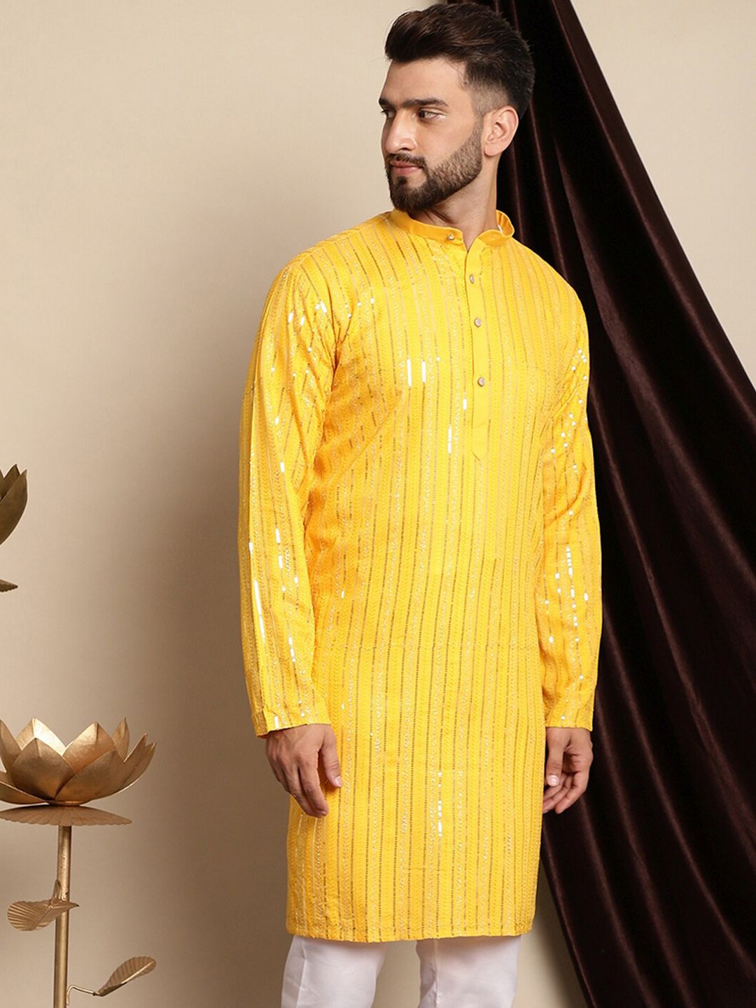 Anouk Embellished Band Collar Sequins Detail Cotton Straight Kurta