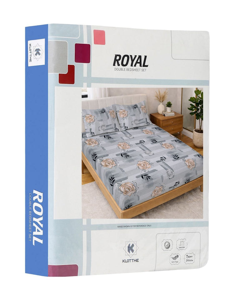 KLOTTHE Grey & Peach Printed 300 TC Double Bedsheet Dengan 2 Sarung Bantal- 2.5 m x 2.25 m