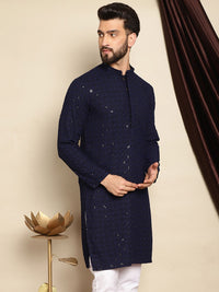Anouk Navy Blue Motif Etnik Bersulam Labuci Lurus Cotton Pure Kurta