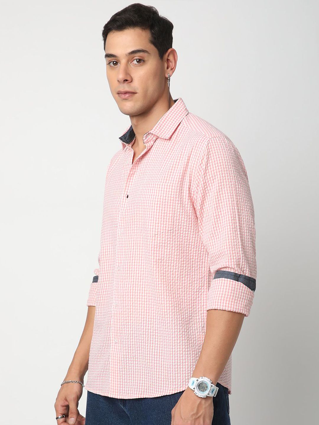 VASTRADO Men Classic Spread Collar Gingham Checked Cotton Slim Fit Casual Shirt