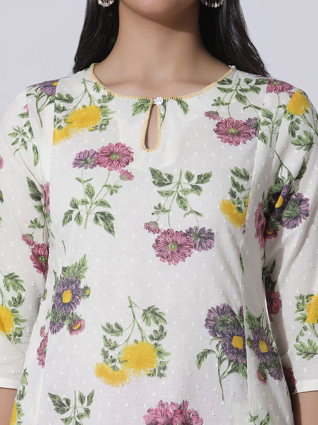W Floral Printed Keyhole Neck Panelled Cotton A-Line Kurta