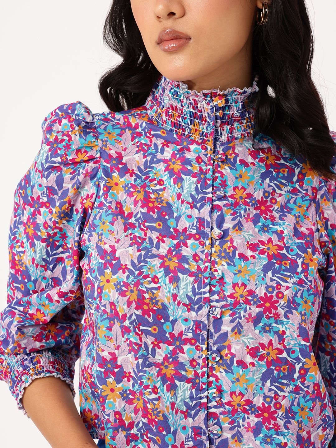DressBerry Floral Print High Neck Smocked Puffed Shirt Style Top