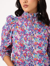 DressBerry Floral Print High Neck Smocked Puffed Shirt Style Top