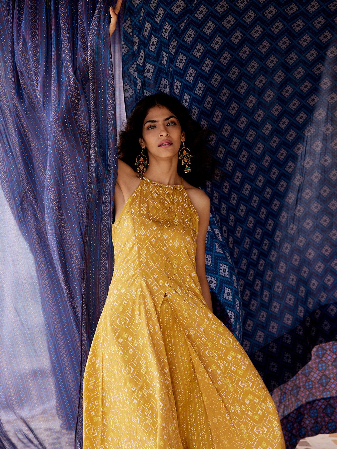 Global Desi Floral Printed Halter Neck Kurta with Palazzos