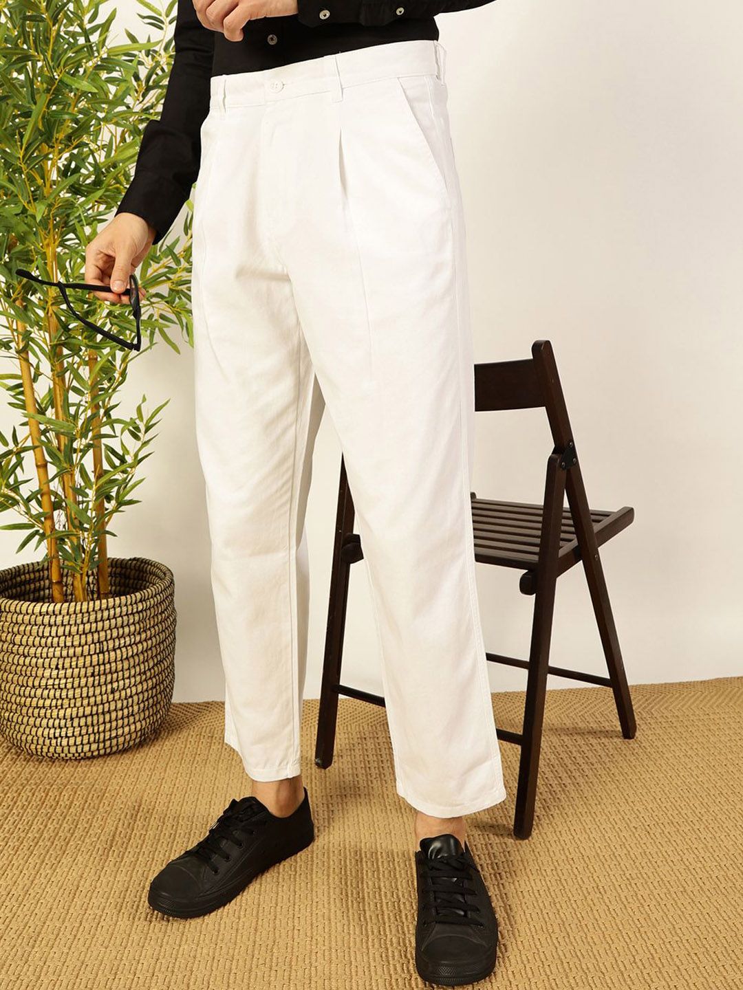 Thomas Scott Men Solid Smart Straight Fit Easy Wash Pleated Chinos Trousers