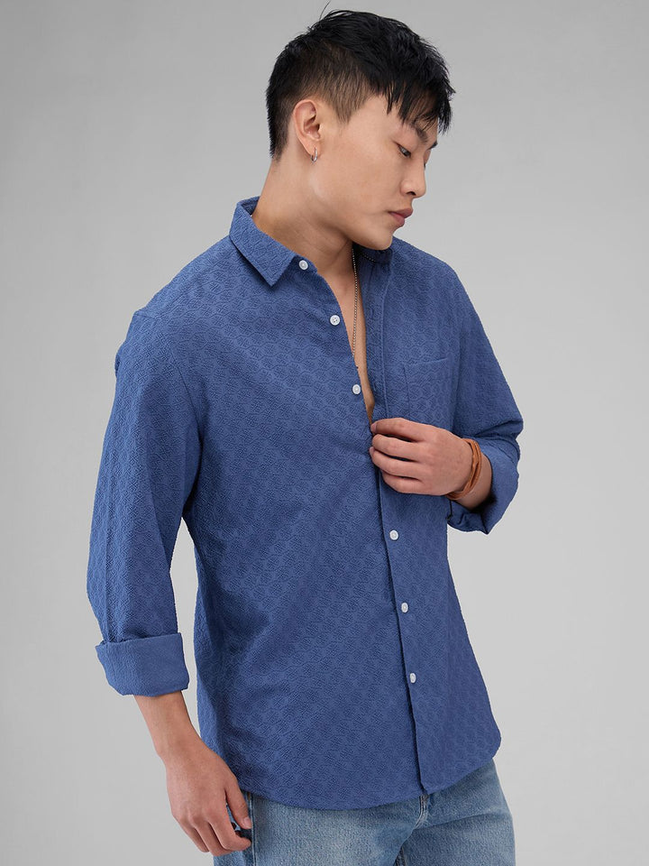 VASTRADO Men Classic Spread Collar Textured Solid Slim Fit Casual Shirt