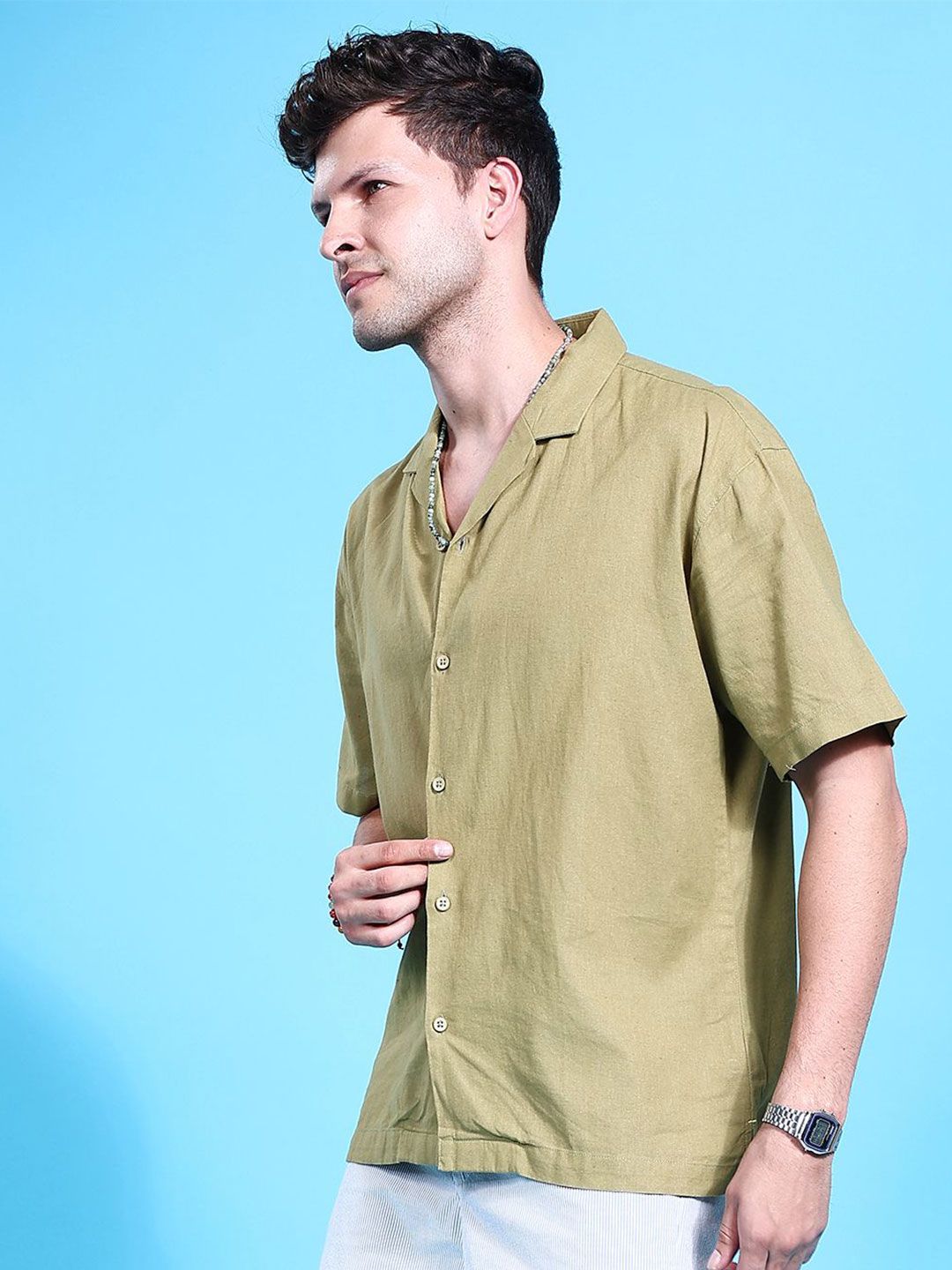 The Indian Garage Co Men Cuban Collar Relaxed Fit Linen Resortwear Shirt