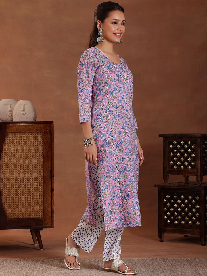 Libas Floral Printed Panelled Pure Cotton Straight Kurta With Trousers & Dupatta
