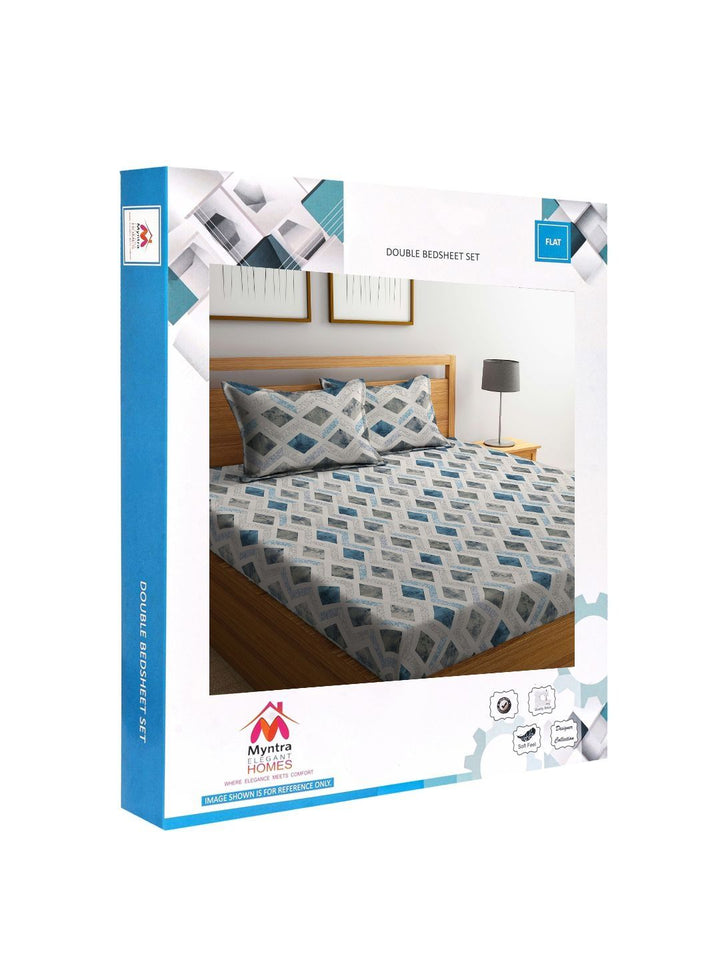 Myntra Elegant Homes Blue Geometric Cotton 400TC King Double Bedsheet dengan 2 Sarung Bantal