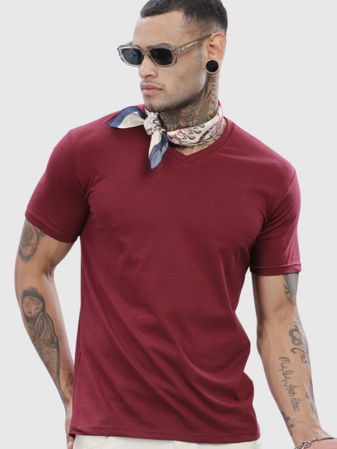 ADRO Men Solid V-Neck Cotton T-shirt